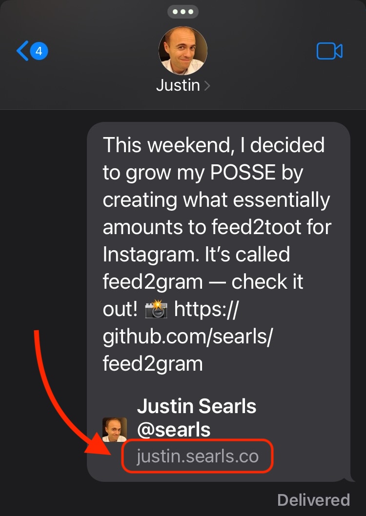 An iMessage preview of a URL at my site