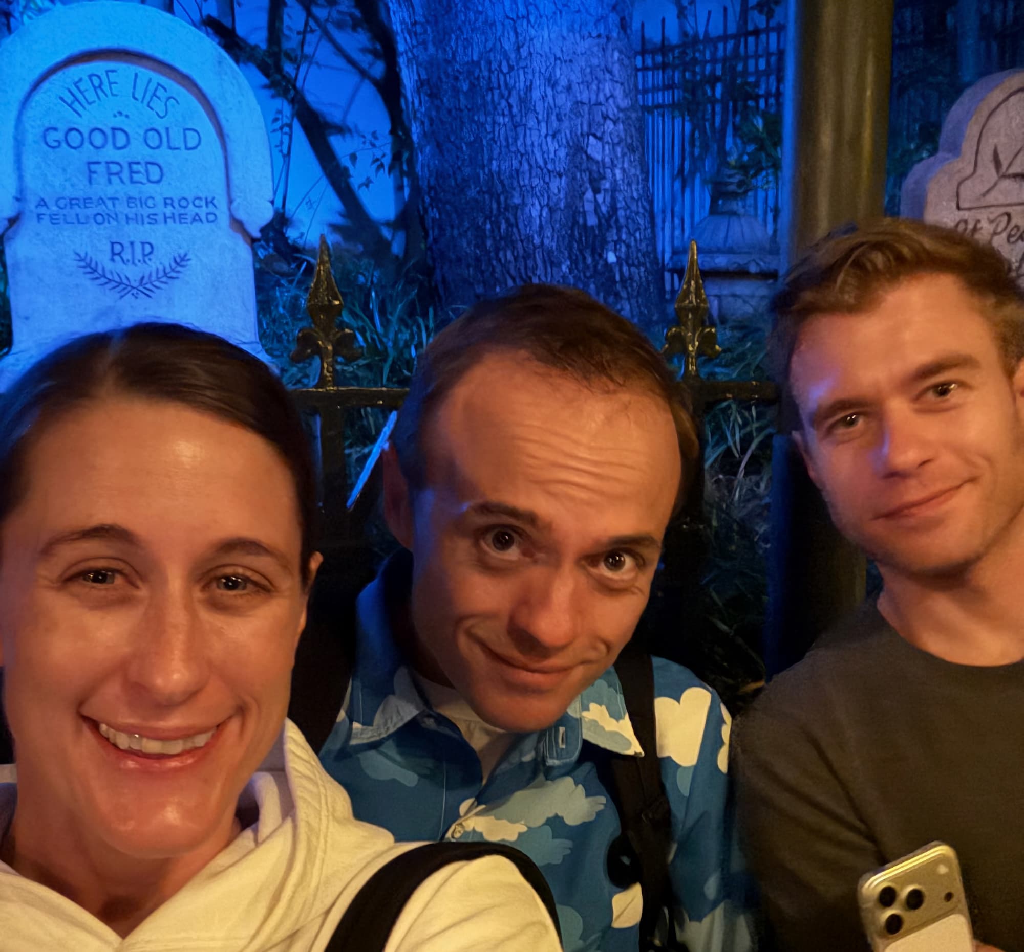 The Haunted Mansion tombstone reads, "Here Lies Good Old Fred, a great big rock fell on his head. RIP"