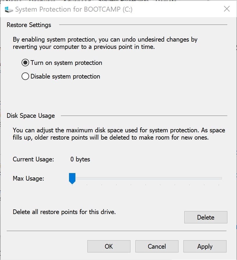 windows 10 system protection settings