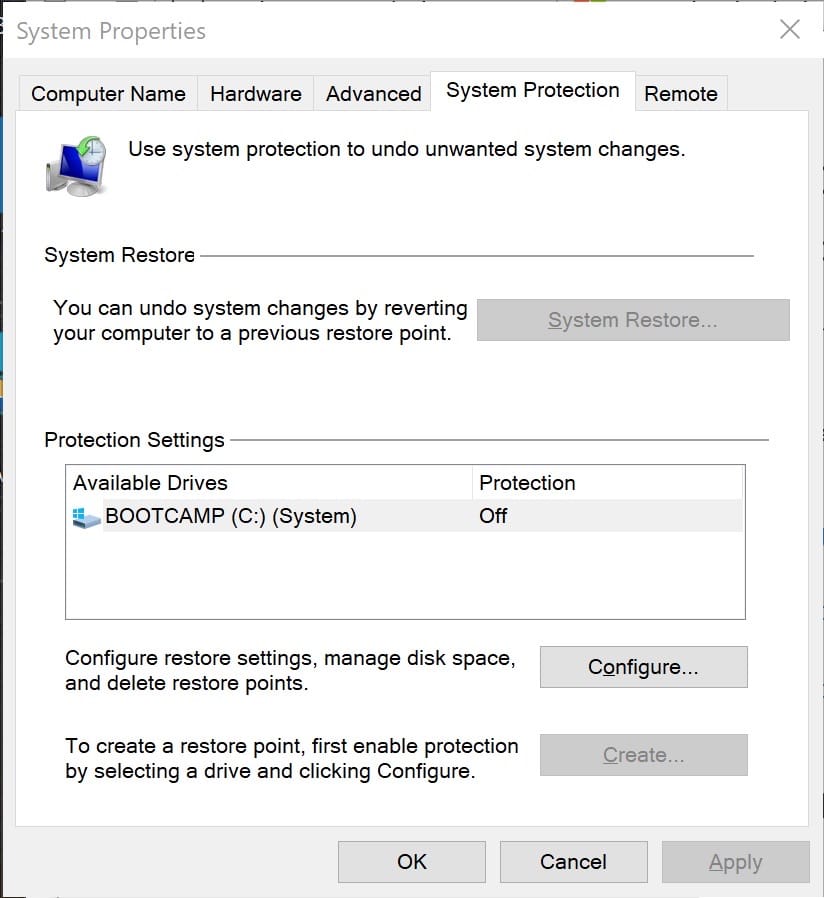 Windows 10 System properties preferences