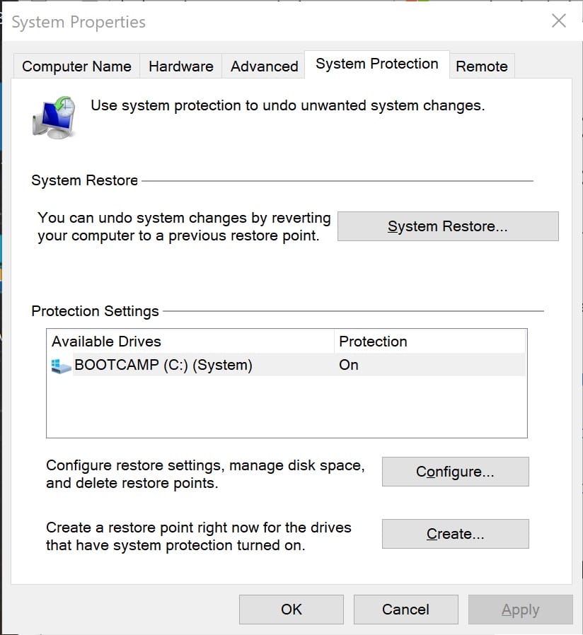 Windows 10 system properties after system protection has been enabled