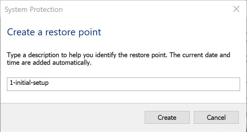 Create a restore point dialog, named 1-initial-setup