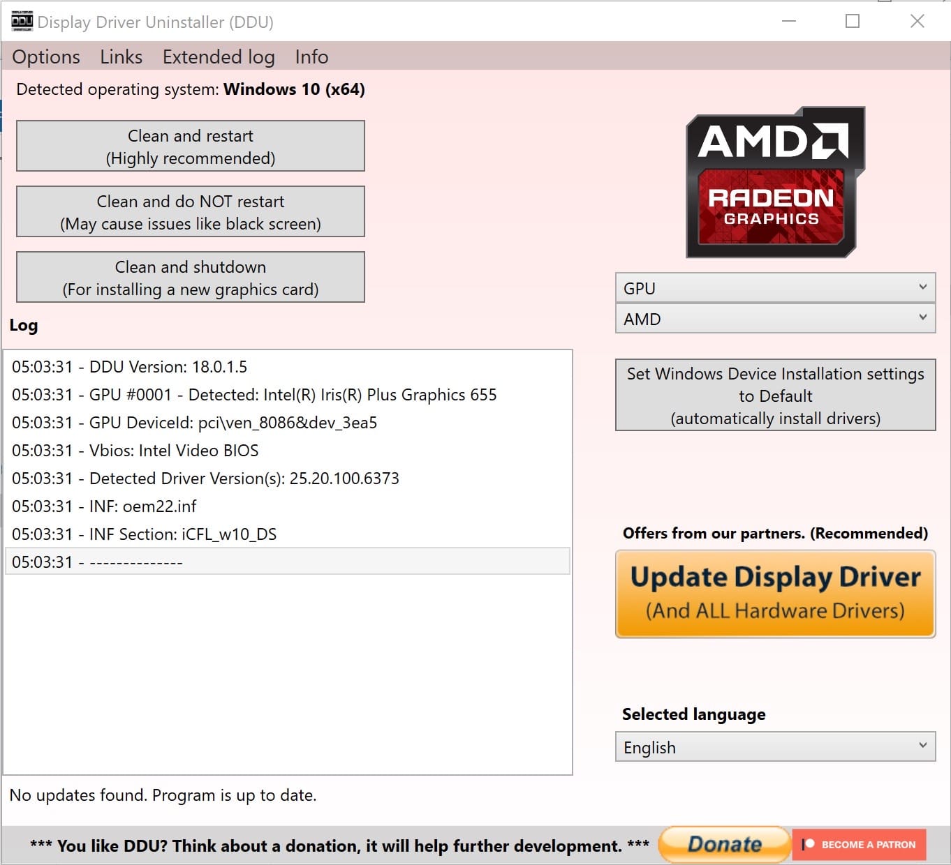 The DDU UI after selecting AMD Radeon