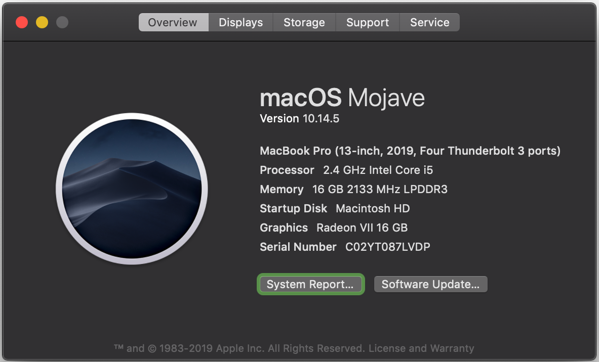 macOS About This System dialog, showing version 10.14.5