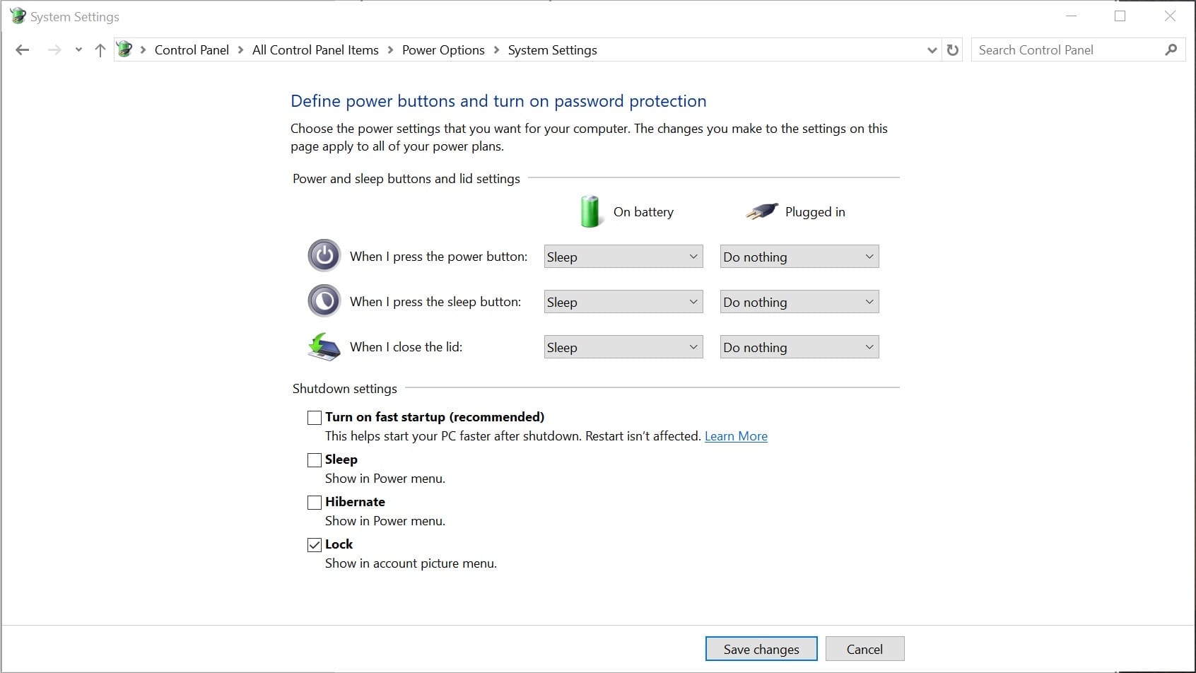 Windows 10 energy settings